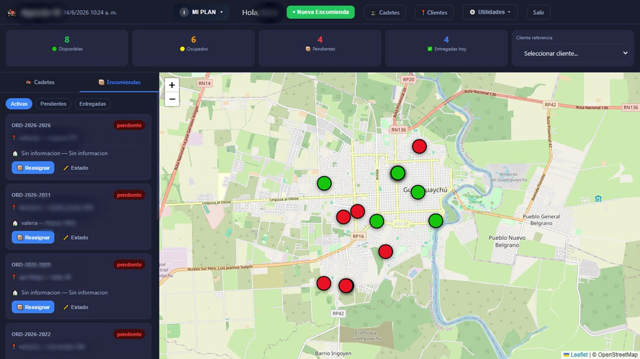 Panel del sistema con mapa en tiempo real y gestión de cadetes