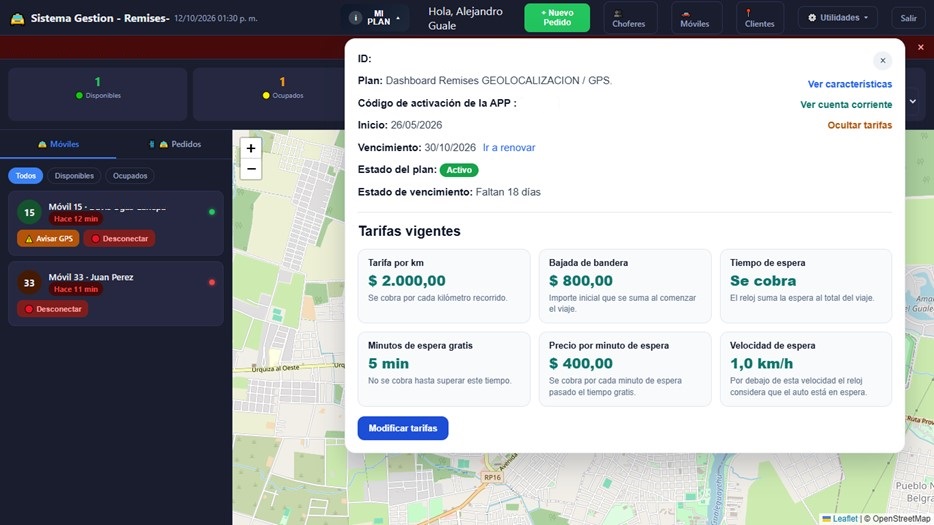 Pantalla de tarifas configuradas en el sistema